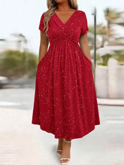 Full Size Glitter Flutter Sleeve Midi Dress Plus Size in Silver Gray, side view