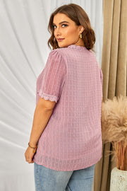 Dusty Pink textured dot blouse with lace trim neckline and sleeves.