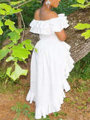 White ruffled off-shoulder maternity blouse with high-low hem and tiered ruffles.