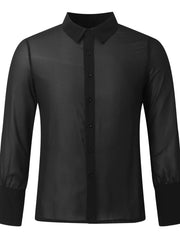 Black sheer silk button-down shirt with long sleeves and buttoned front.