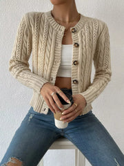 Khaki cable-knit button-front cardigan with crew neck and long sleeves.