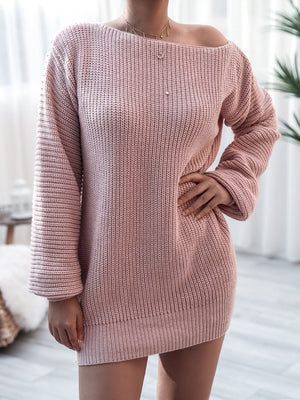 Off-shoulder ribbed knit mini dress in Dusty Pink, 100% acrylic, with long sleeves and a casual style.