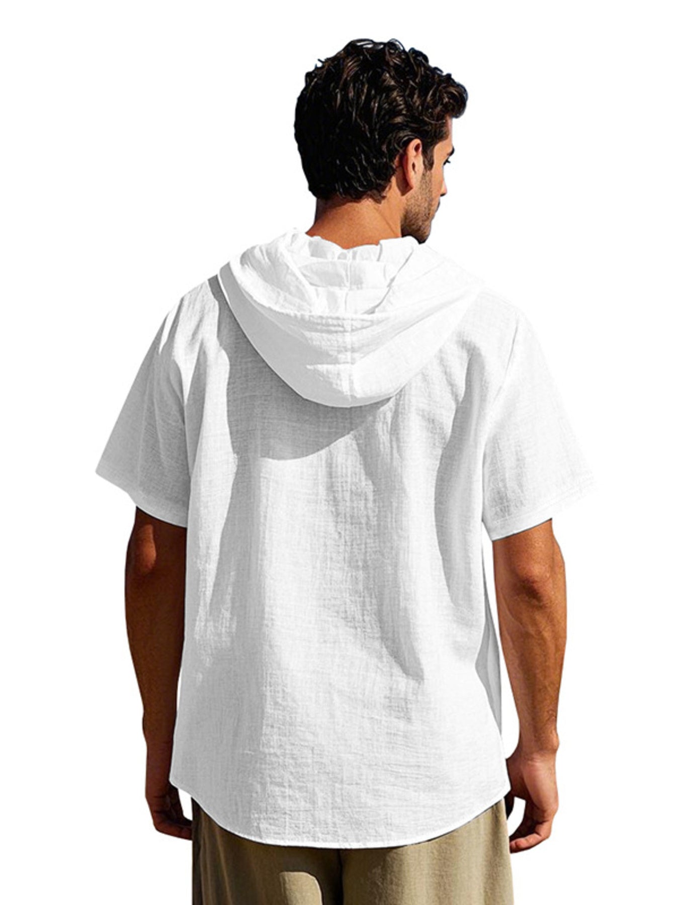 Men's white short sleeve hooded shirt with pocket