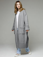 Gray oversized ribbed-trim maxi cardigan with pockets and cuffed sleeves.