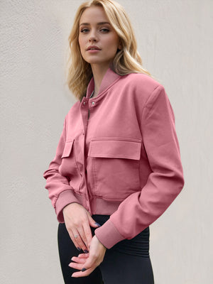 Boxy bomber jacket in Dusty Pink with two chest pockets and ribbed cuffs.