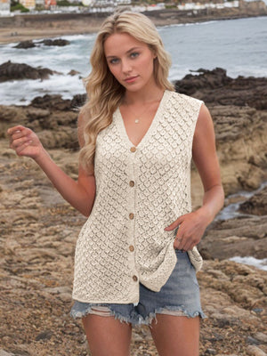 Beige openwork button-down knit vest with V-neck and wooden buttons.