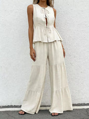 Beige ruffled tie-front sleeveless peplum top with tiered wide-leg pants set