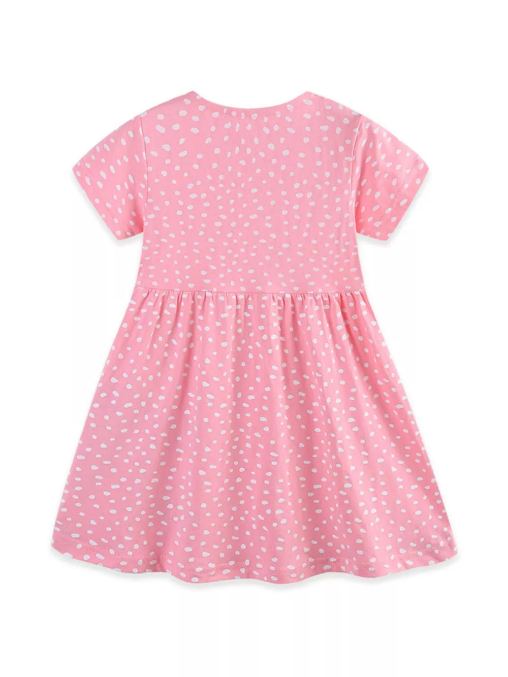 Baby girls pink cotton dress with white speckle print and short sleeves.