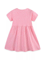 Baby girls pink cotton dress with white speckle print and short sleeves.