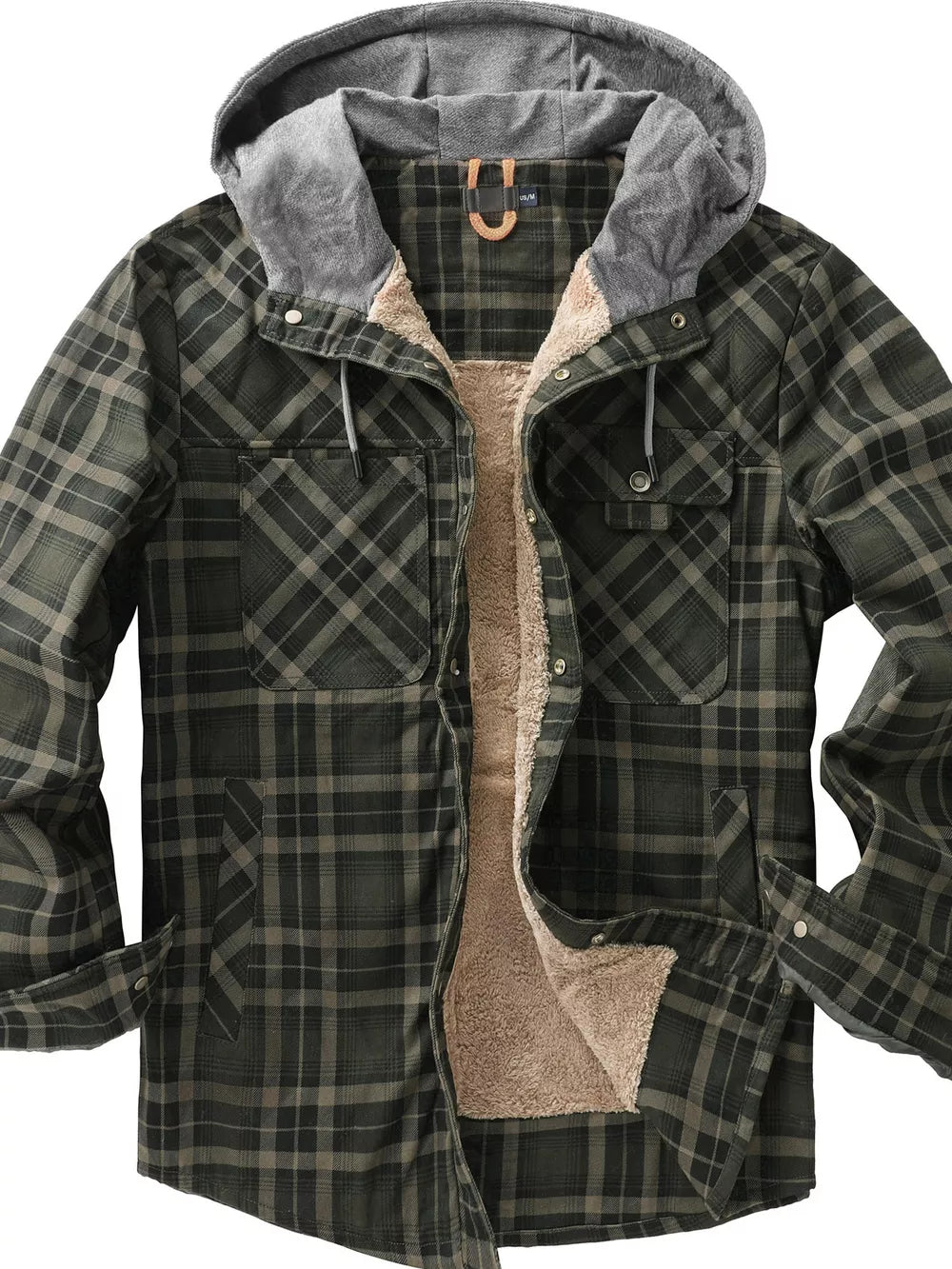 Men's green plaid flannel hooded jacket with sherpa lining and buttoned pockets.