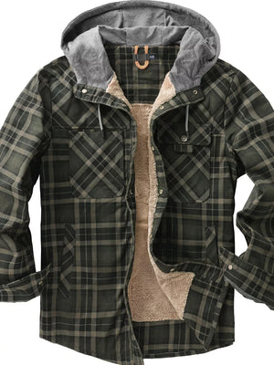 Men's green plaid flannel hooded jacket with sherpa lining and buttoned pockets.