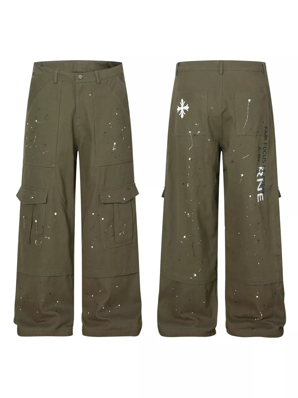 Olive green cotton cargo pants with white paint splatter design and button fly.