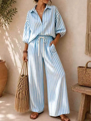 Striped Puff Sleeve Shirt And Wide-leg Pants Set in Khaki, editorial view