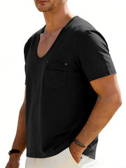 Black cotton blend tee with scoop neck, short sleeves, and chest pocket.
