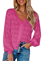V-neck Openwork Button-down Knit Cardigan in White, view 13