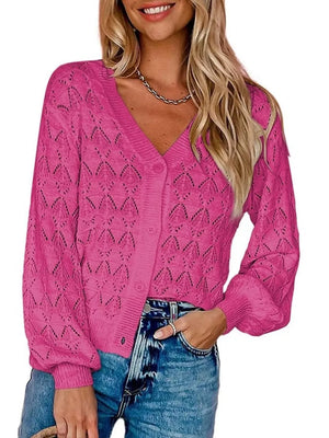 V-neck Openwork Button-down Knit Cardigan in White, view 13