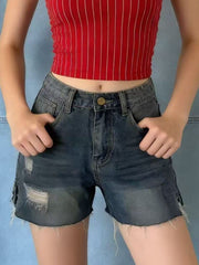 Distressed denim shorts with frayed hem and rips, button closure, casual women's shorts.