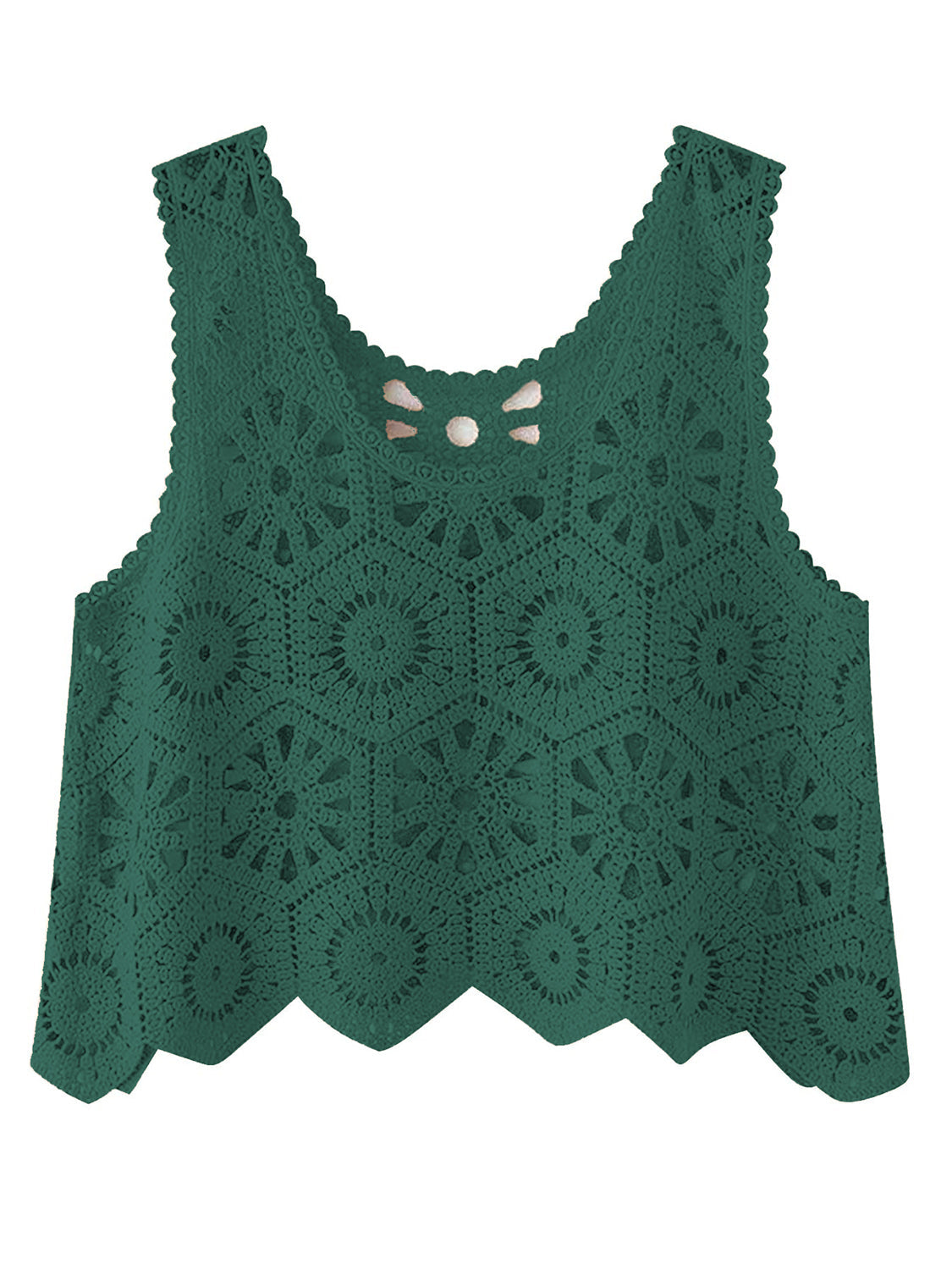 Crochet medallion tank top in dark green with scalloped hem and neckline detail.
