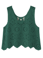 Crochet medallion tank top in dark green with scalloped hem and neckline detail.