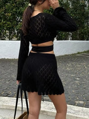 Openwork Long Sleeve Top And Shorts Set in Black, editorial view