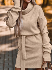 Turtleneck Belted Knit Dress in Khaki, front view