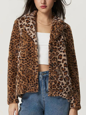 Leopard print faux fur blazer with buttoned front and notched lapels.