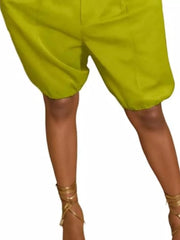 Yellow green pleated high-waisted shorts with drawstring detail