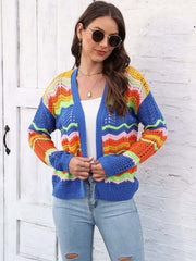 Rainbow Wave Crochet Cardigan in blue with colorful zigzag pattern, open front, long sleeves, acrylic