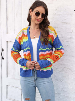 Rainbow Wave Crochet Cardigan in blue with colorful zigzag pattern, open front, long sleeves, acrylic