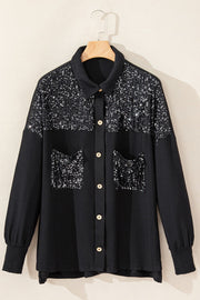 Black textured knit shirt jacket with sequin yoke and pockets