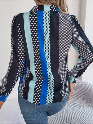 Panelled print collared blouse with polka dots and stripes in black, white, and blue.
