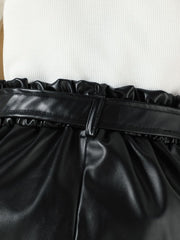 Black faux leather shorts with paperbag waist and belt detail