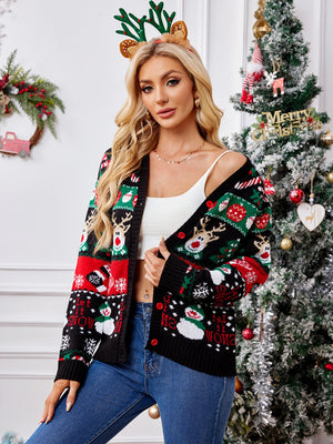 Festive Fair Isle button-up cardigan with snowmen and reindeer pattern.