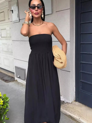 Black strapless smocked bodice relaxed fit maxi dress