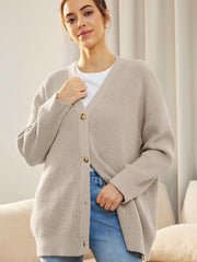 Dust Storm ribbed knit cardigan with balloon sleeves and button front.
