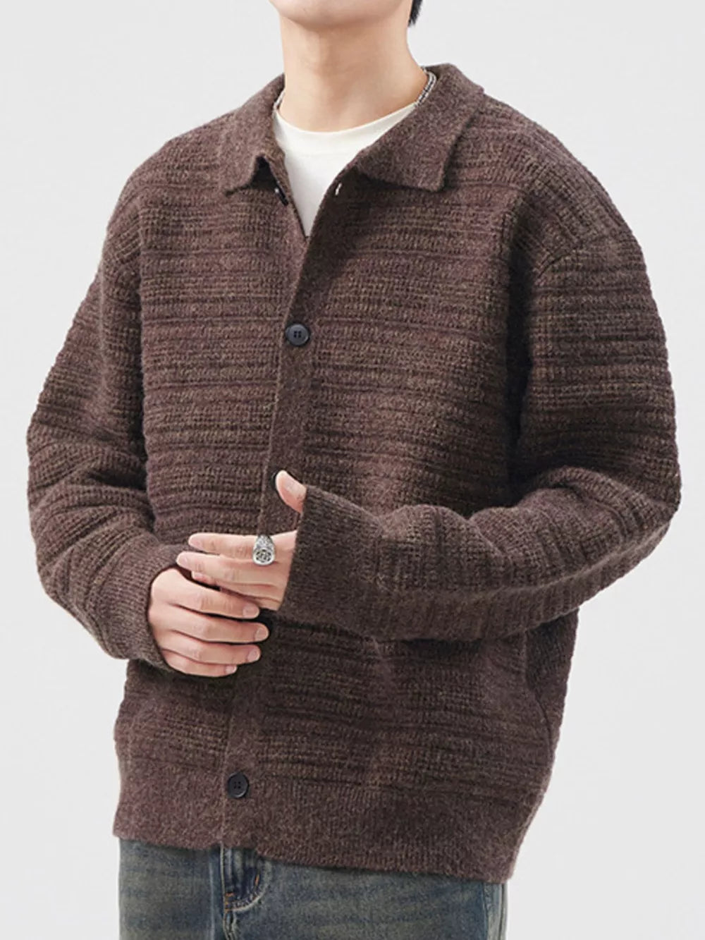 Men's brown ribbed knit button-down cardigan with collar, acrylic fabric.