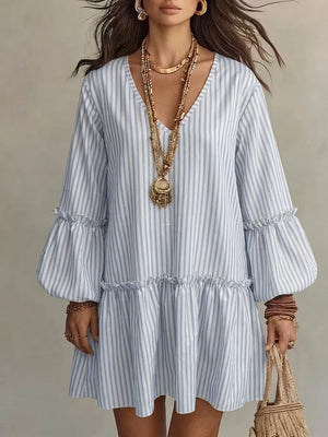 Striped Balloon Sleeve Mini Dress Plus Size in Light Green, fabric detail