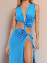 Sky blue maxi dress with plunging V-neck, knotted front, and high slit cutouts.