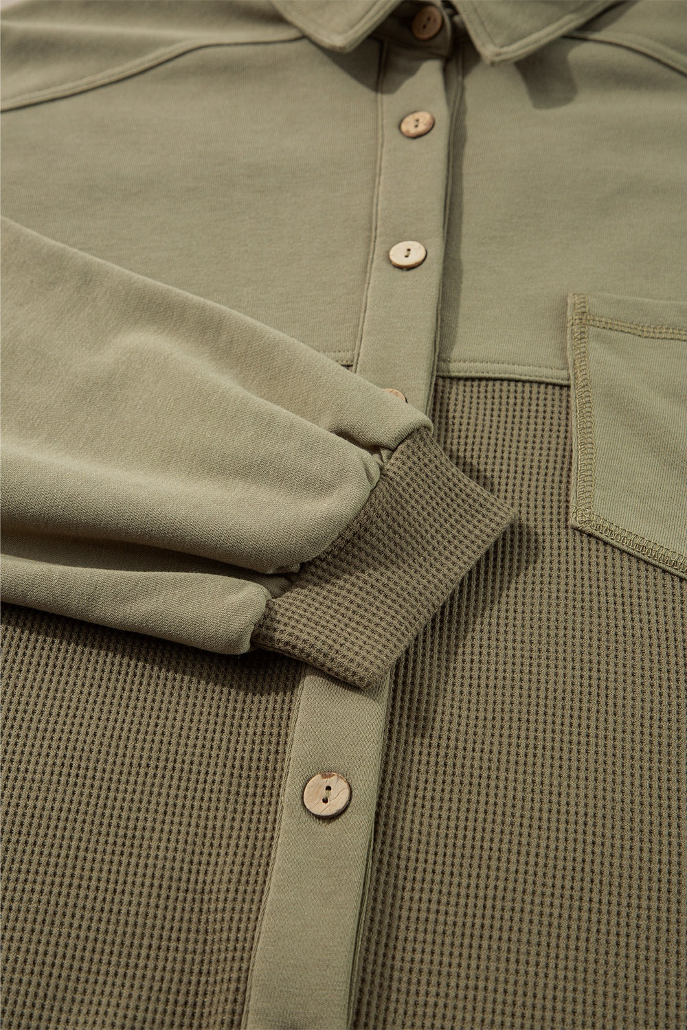 Moss waffle knit shacket with gathered sleeves and button front