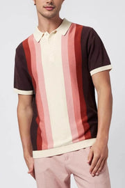 Gradient stripe knit polo shirt with cream collar and cuffs, featuring vertical stripes in cream, pink, and burgundy.