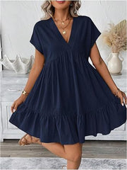 Navy V-neck ruffled mini dress with short sleeves and tiered hem