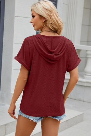 Burgundy perforated short sleeve henley hooded tee with cuffed sleeves