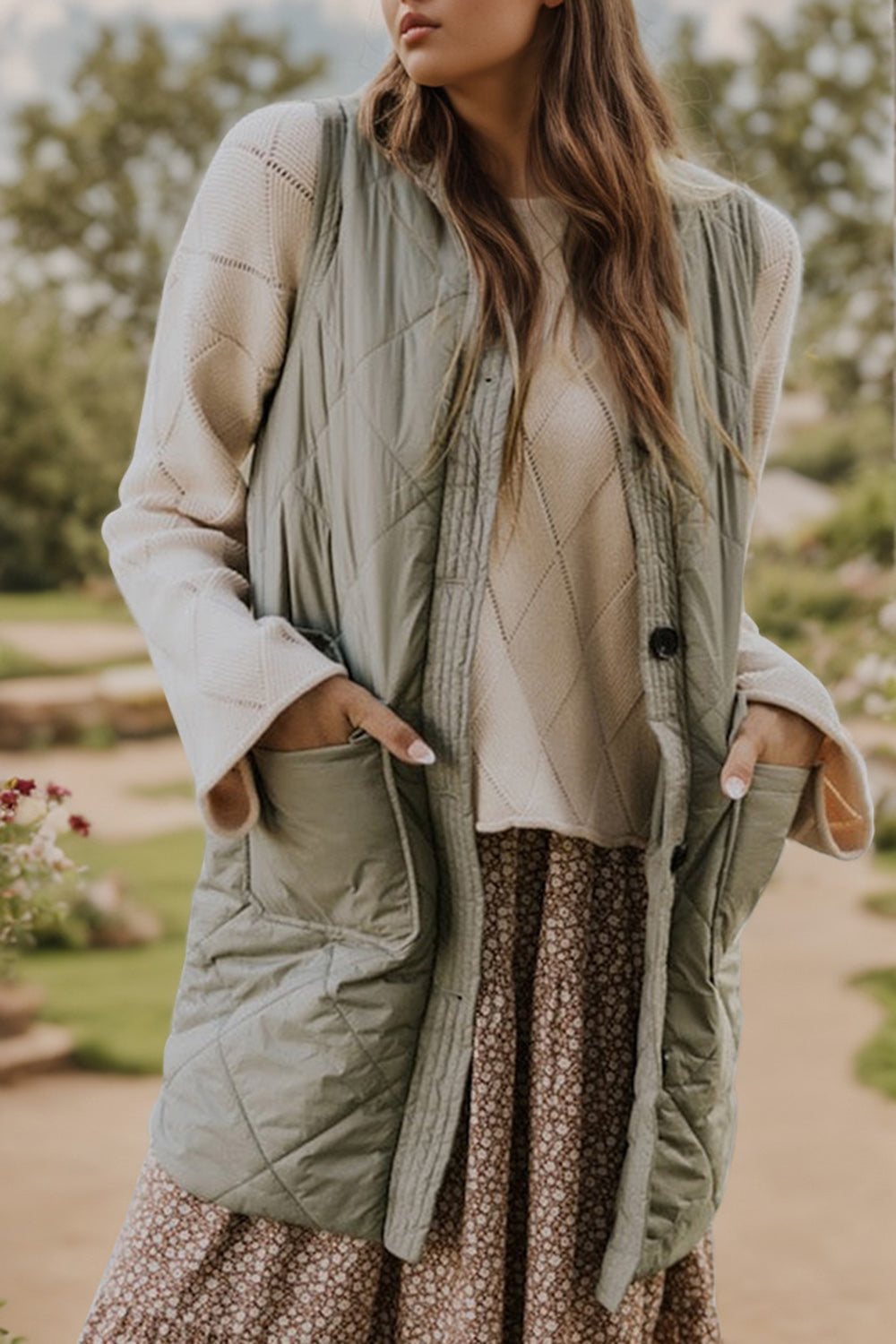 Sage quilted vest coat with patch pockets and button closure, styled over a cream sweater and floral dress.
