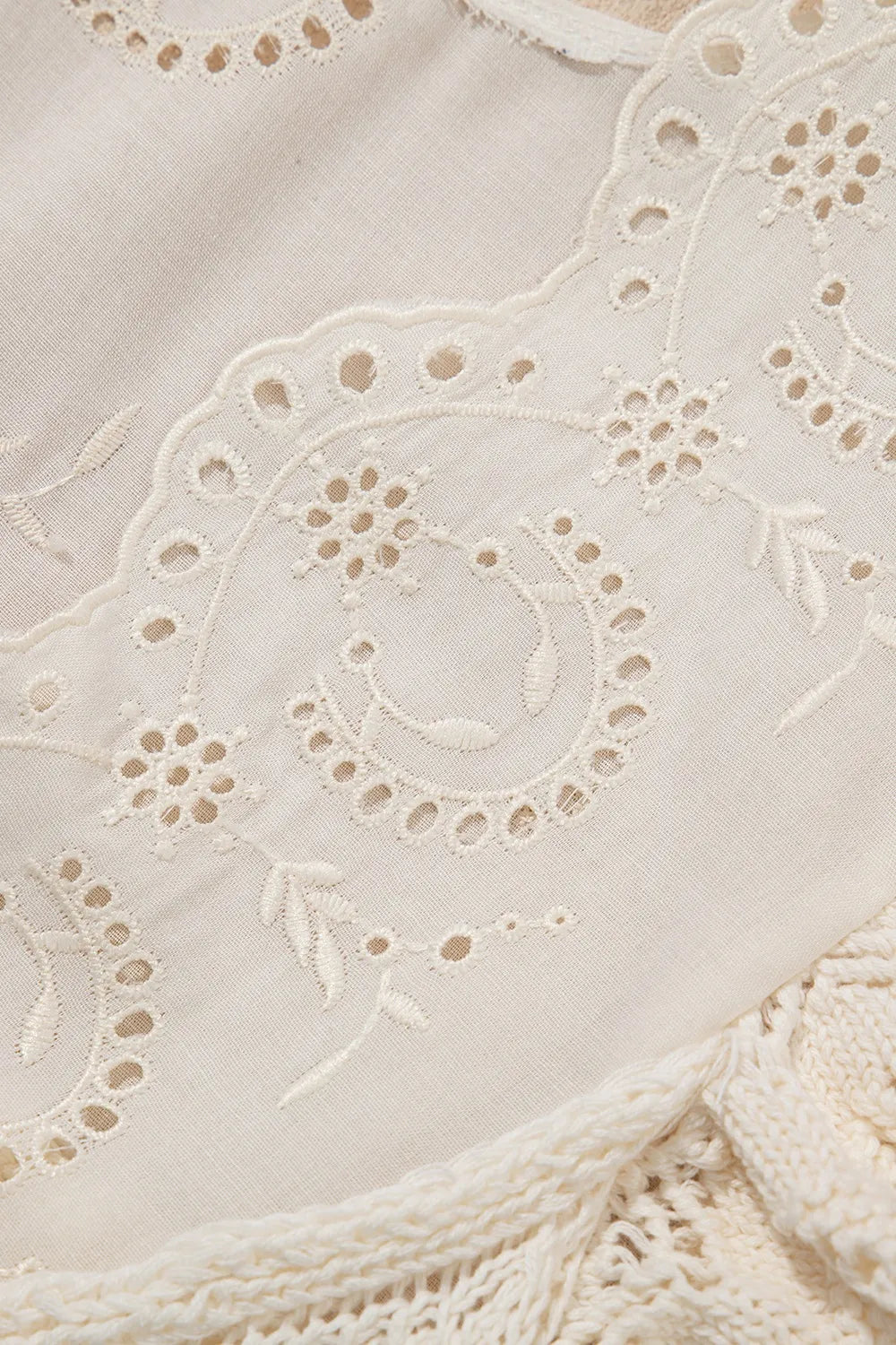 Beige eyelet yoke crochet knit vest with floral embroidery and scalloped trim detail