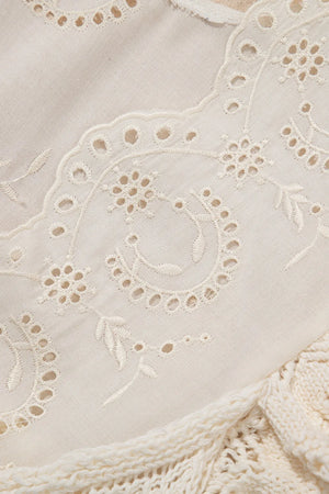 Beige eyelet yoke crochet knit vest with floral embroidery and scalloped trim detail