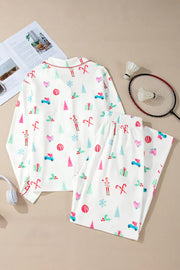 White festive print pajama set with piping and collar, featuring holiday icons.