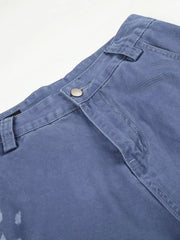 Blue faded cargo capris with distressed detailing and stylish stitching.