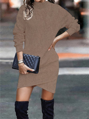 Coffee brown turtleneck mini dress with asymmetrical hem and long sleeves.