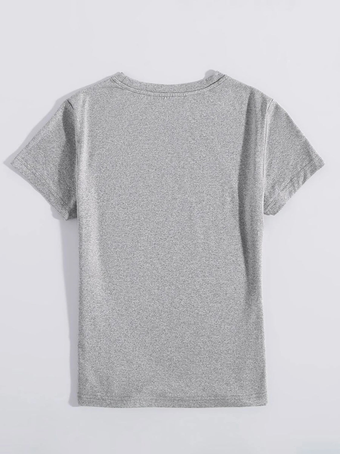 Gray crew neck t-shirt with short sleeves and a graphic print on the back.