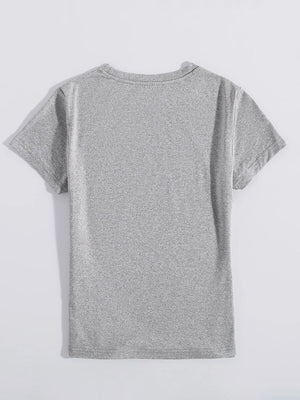 Gray crew neck t-shirt with short sleeves and a graphic print on the back.